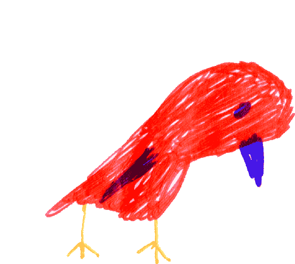 A crayon-drawn red bird pecking